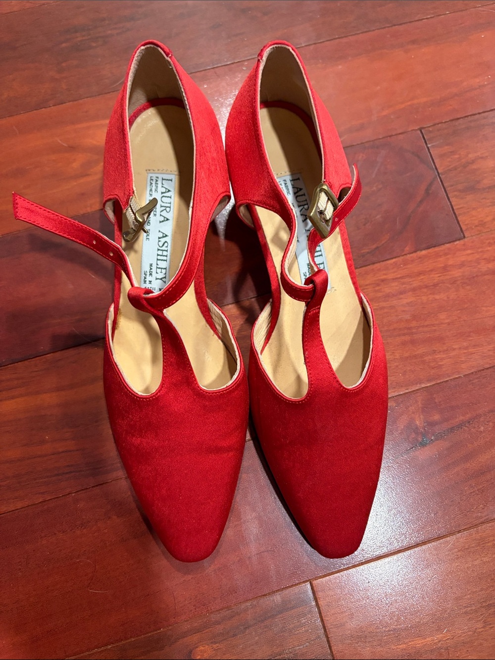 Laura Ashley Red Suede T-Strap Pointed Heels